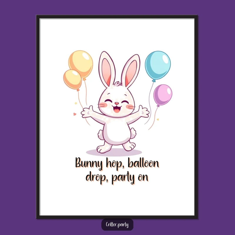 Free Printable Wall Art: Dancing Bunny with Balloons, Funny Downloadable Decor