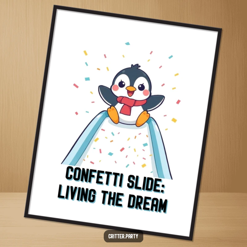 Funny Free Printable Wall Art: A delighted penguin slides down a confetti-covered slide, bringing cheerful energy to decor.