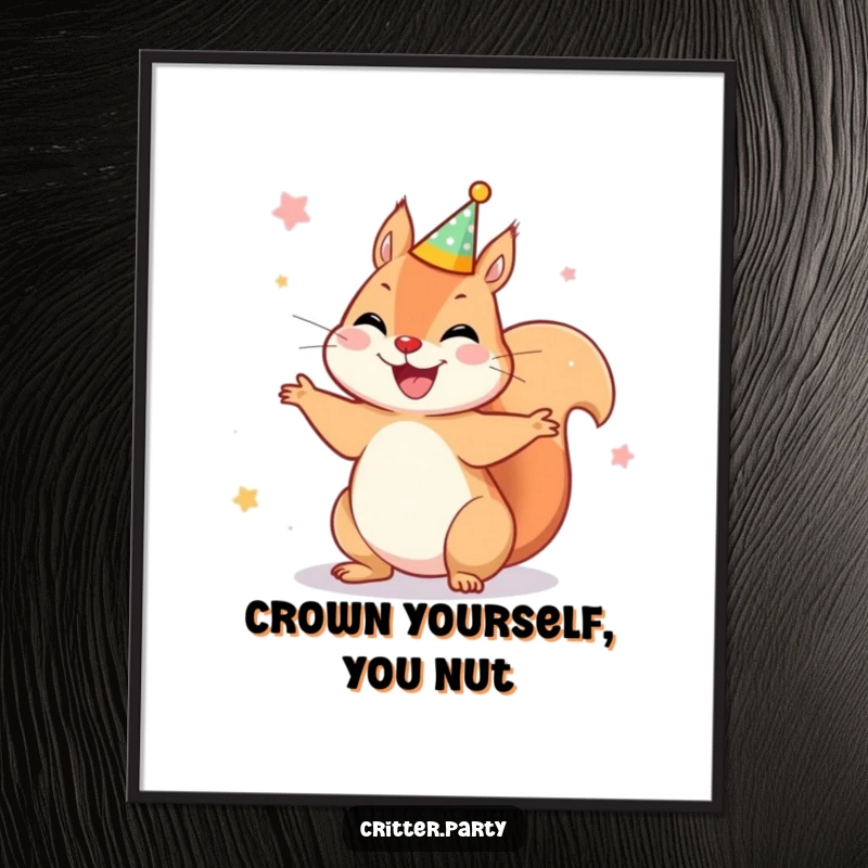 Funny Free Printable Wall Art: A joyful squirrel wearing a tiny party crown spins energetically, ready to party.