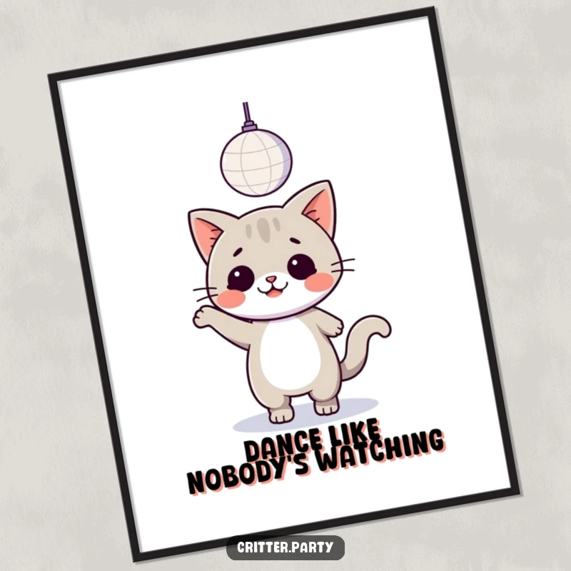 Funny Free Printable Wall Art: A cute kawaii cat is captured mid-dance move, happily grooving under the dazzling reflection of a disco ball.
