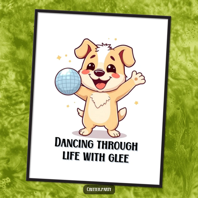 Funny free printable wall art of a happy dog with a wide grin dancing energetically with a sparkling disco ball, radiating pure joy.