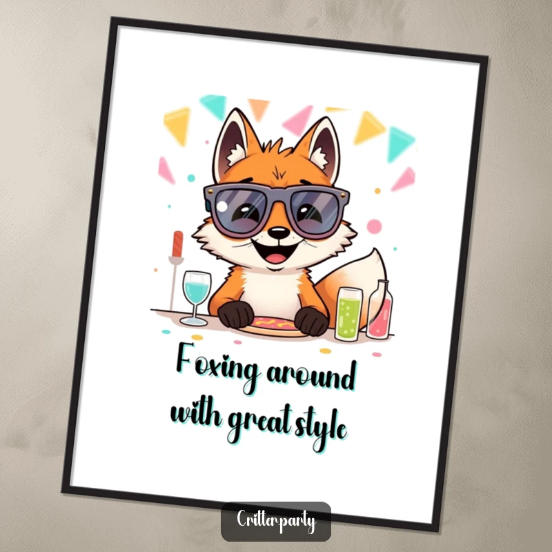 Funny free printable wall art of a grinning fox wearing oversized novelty glasses, seated at a festive party table, ready to have a blast.