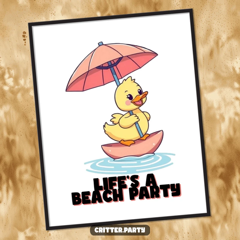 Funny Free Printable Duck Wall Art: A happy duckling rides an oversized cocktail umbrella, bringing a tropical, humorous vibe.