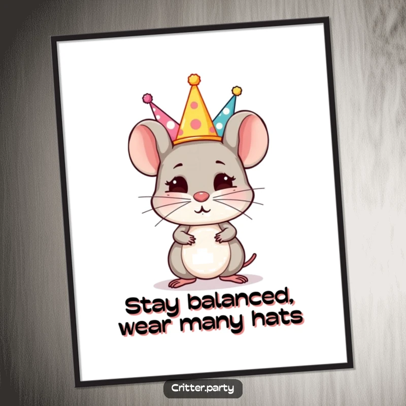 Funny Free Printable Wall Art: A small, determined mouse character attempts to balance a tall stack of tiny, colorful party hats on its nose.