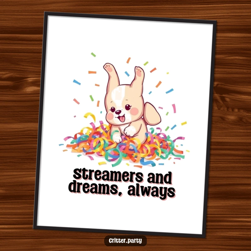 Funny Free Printable Wall Art: A playful puppy character enthusiastically attempts a somersault in a messy pile of bright, colorful streamers.