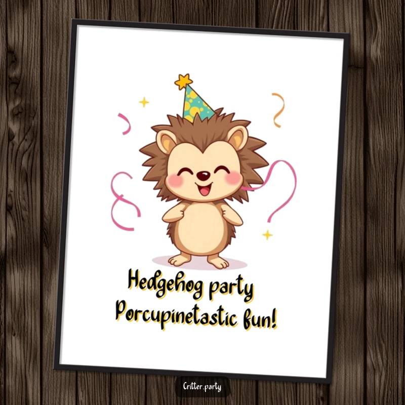 Funny Free Printable Wall Art: A smiling hedgehog in a party hat joyfully juggles colorful streamers, bringing festive cheer.