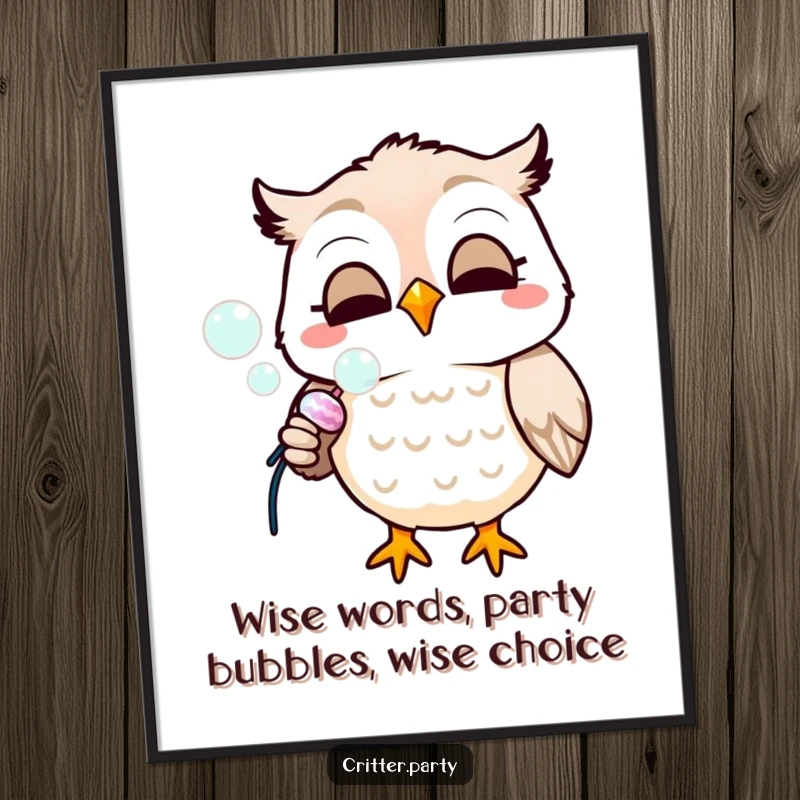 Funny free printable wall art of a smiling owl gleefully blowing a cascade of colorful bubbles from a small party popper.
