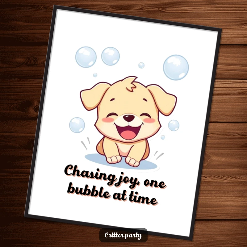 Funny free printable wall art of a playful puppy chasing iridescent bubbles with a gleeful, open-mouthed expression.