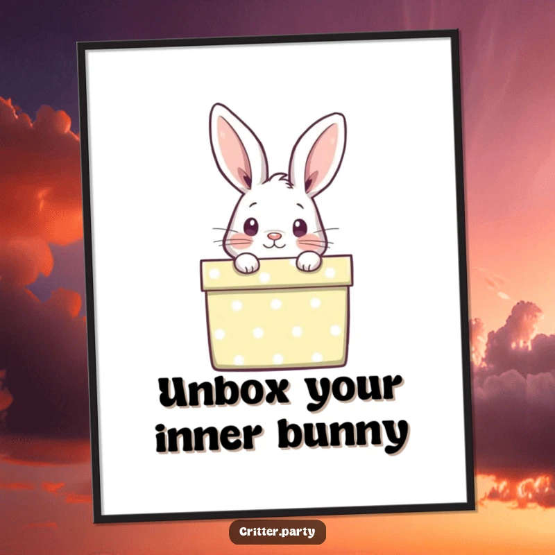 Funny Free Printable Wall Art: A curious rabbit peeks out from a vibrant, brightly wrapped gift box, adding charm.