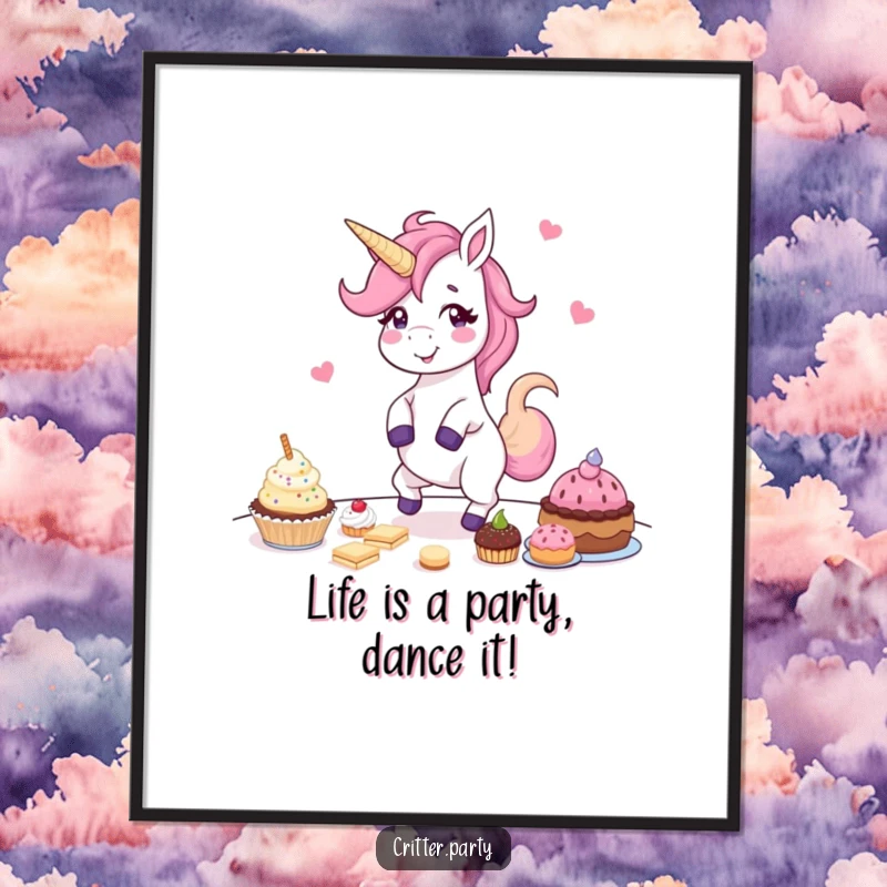 Funny free printable wall art depicting a giggling unicorn gleefully dancing around a table overflowing with delightful treats.