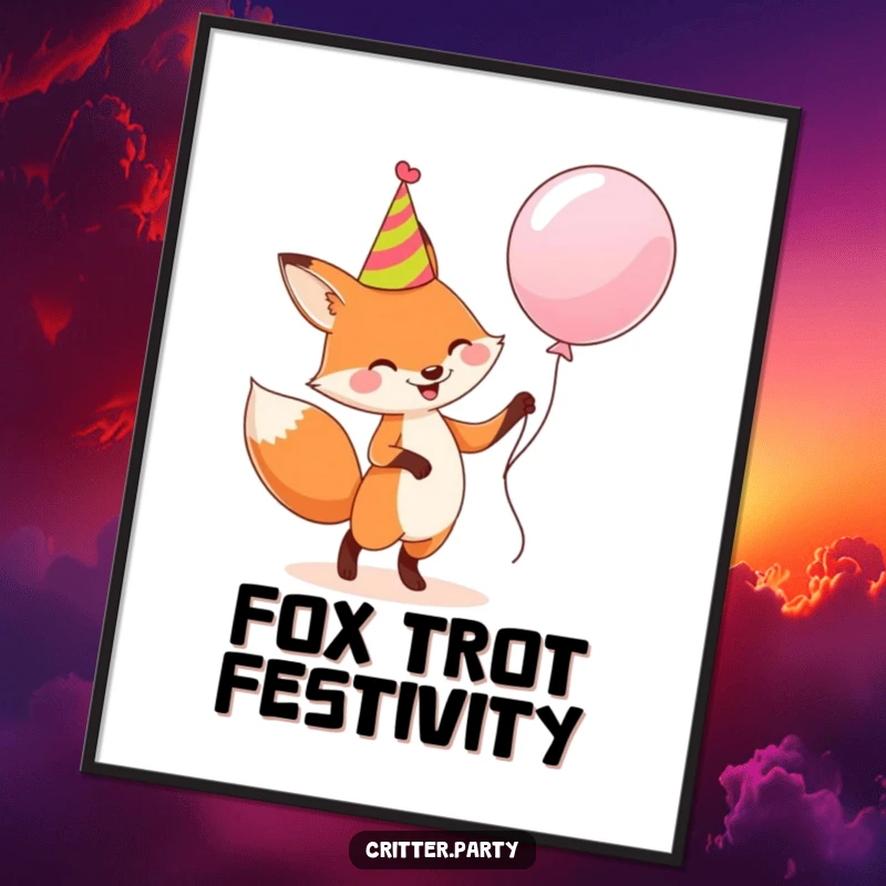 Funny Free Printable Wall Art: Joyful fox wearing a party hat dancing with a giant balloon, festive and fun art.