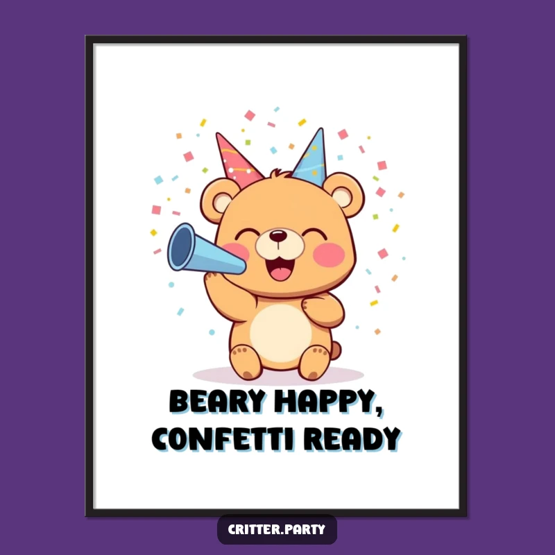 Free Printable Wall Art: Joyful Bear Blowing Confetti, Funny Downloadable Decor
