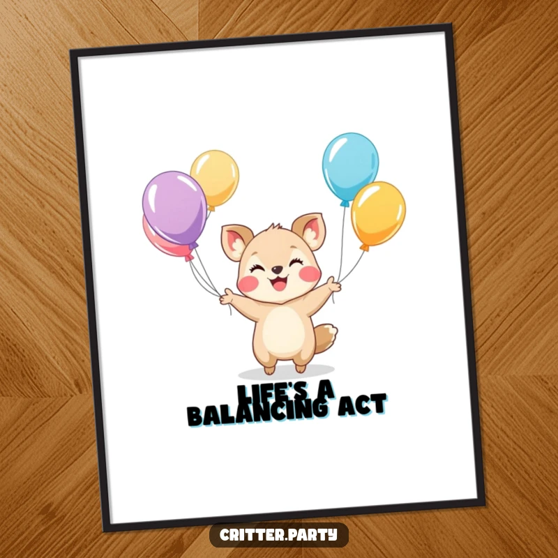 Funny Free Printable Wall Art: A smiling animal expertly juggles many colorful balloons, creating a festive atmosphere.