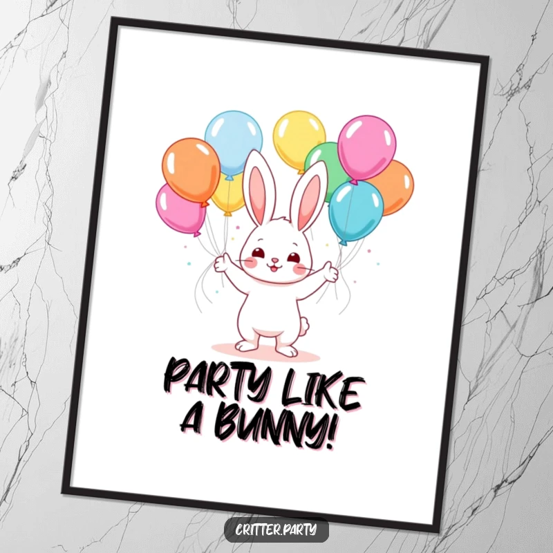 Funny Free Printable Wall Art: A cute kawaii bunny is in mid-action, skillfully juggling a cascade of colorful, buoyant balloons.