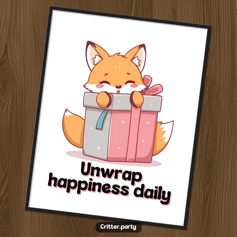 Funny Free Printable Wall Art: A cute kawaii fox is caught in the act of playfully unwrapping a very large, mysterious gift box.