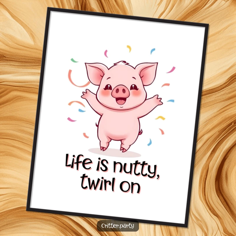 Funny Free Printable Wall Art: An excited Kawaii piglet twirling with streamers, ideal for downloadable art.