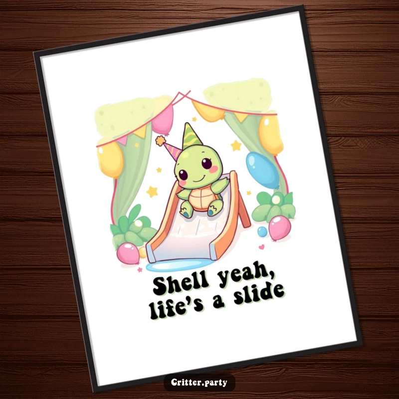 Funny Free Printable Wall Art: A Kawaii turtle happily sliding down a party slide, unique downloadable art.