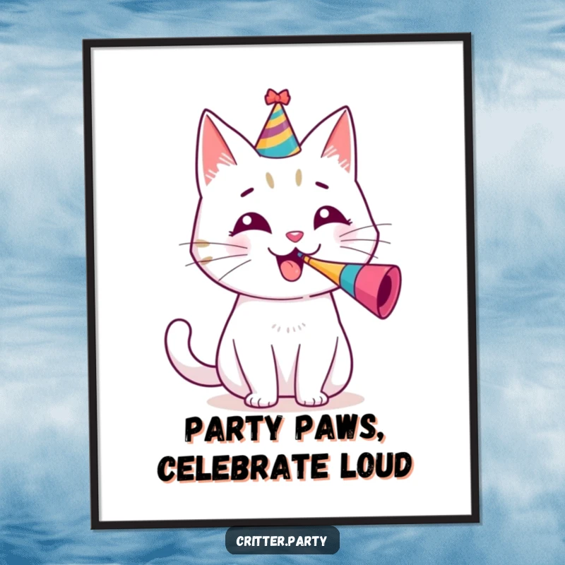 Funny Free Printable Wall Art: Cheerful little cat wearing a party hat blows a tiny party horn with gusto, festive art.