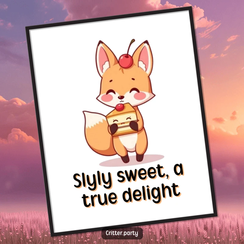 Funny free printable wall art of a playful fox character holding a tempting slice of cake with a cherry on top, looking delighted.