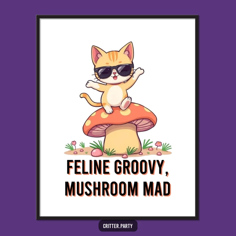 Free Printable Wall Art: Winking Cat on Mushroom Dancing Funny Downloadable Art