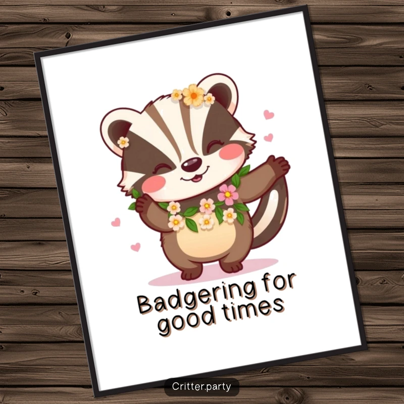 Funny Free Printable Wall Art: A happy badger wearing a garland of flowers dances joyfully, adding cheer.