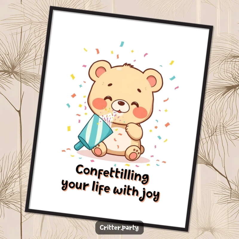 Funny Free Printable Wall Art: A joyful bear cub gleefully fires a party popper, showering the scene with oversized confetti.