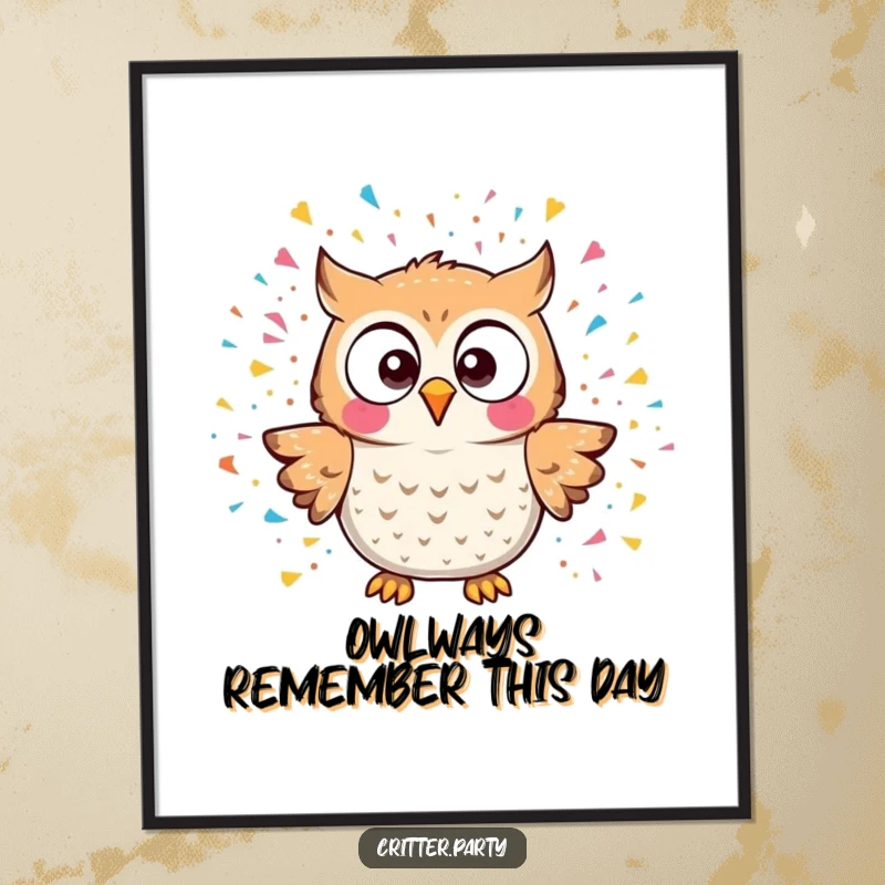 Funny Free Printable Wall Art: A Kawaii owl character comically surprised by a burst of colorful confetti, downloadable art.