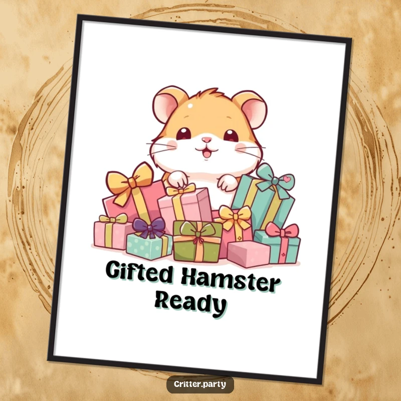 Funny Free Printable Wall Art: A playful hamster peeks coyly from behind a large pile of wrapped gifts.