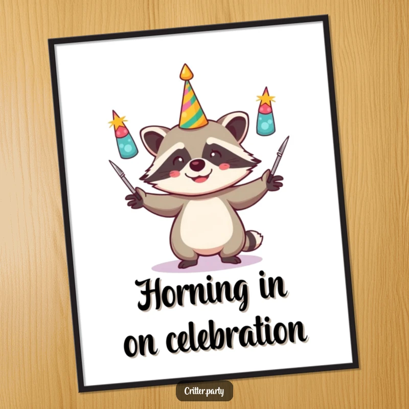 Funny Free Printable Wall Art: A giggling raccoon juggling shiny party horns, adding a touch of playful chaos.