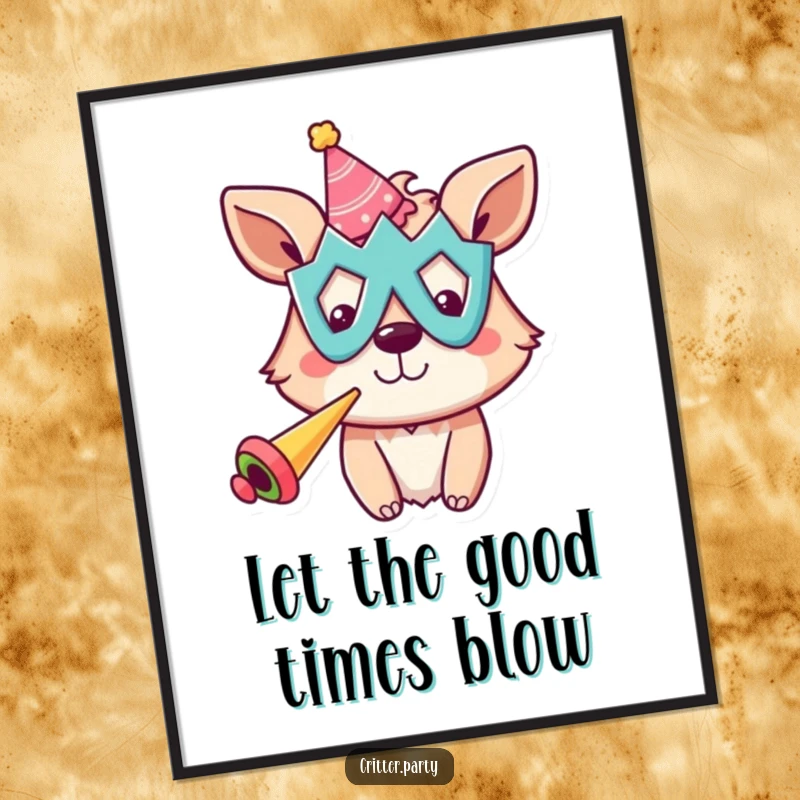 Funny Free Printable Wall Art: A cheerful animal in a silly mask blows a party horn, creating a festive atmosphere.