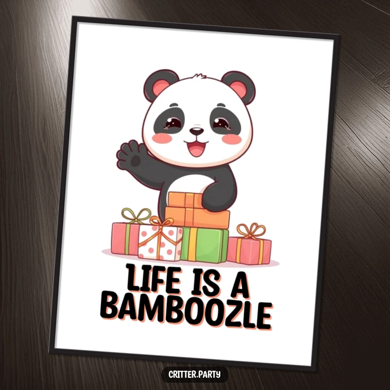 Funny free printable wall art of a joyful panda emerging from a pile of gifts, waving hello.