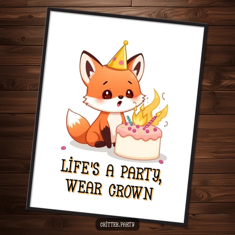 Funny Free Printable Wall Art: A red fox cub in a tiny crown gazes with wide-eyed surprise at a cake dramatically exploding.