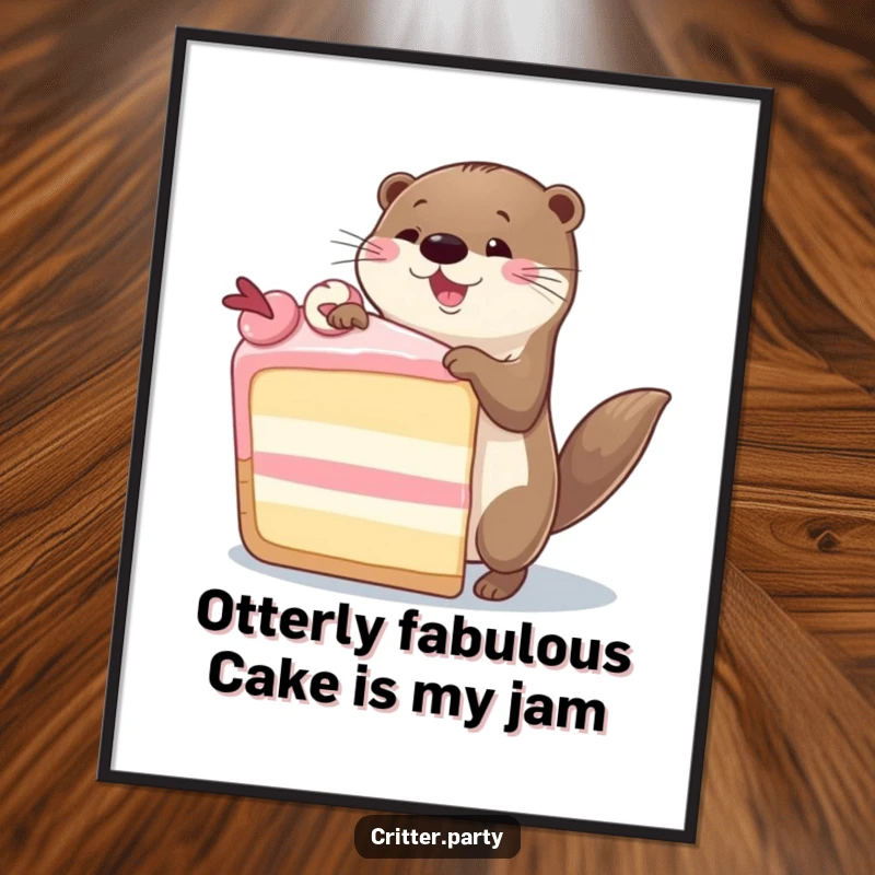 Funny Free Printable Wall Art: Whimsical otter doing a silly dance around a giant slice of cake, perfect for cheerful decor.