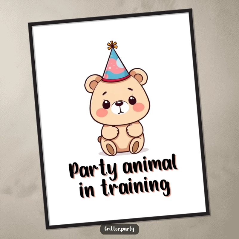 Funny Free Printable Bear Wall Art: A curious bear tries on a tiny, crooked party hat, bringing laughter to your decor.