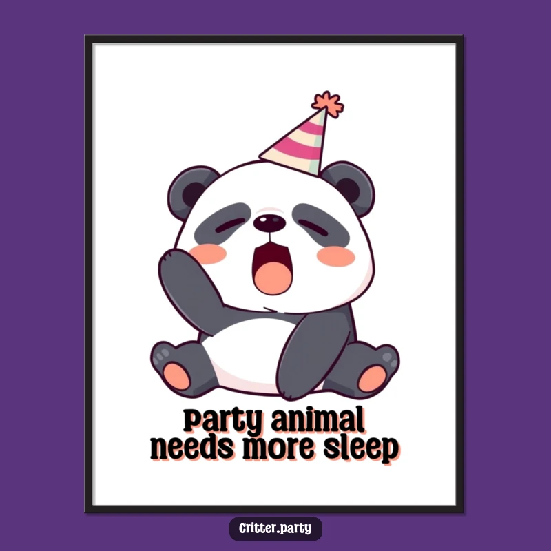 Funny Free Printable Wall Art: Adorable Sleepy Panda Yawning in Party Hat