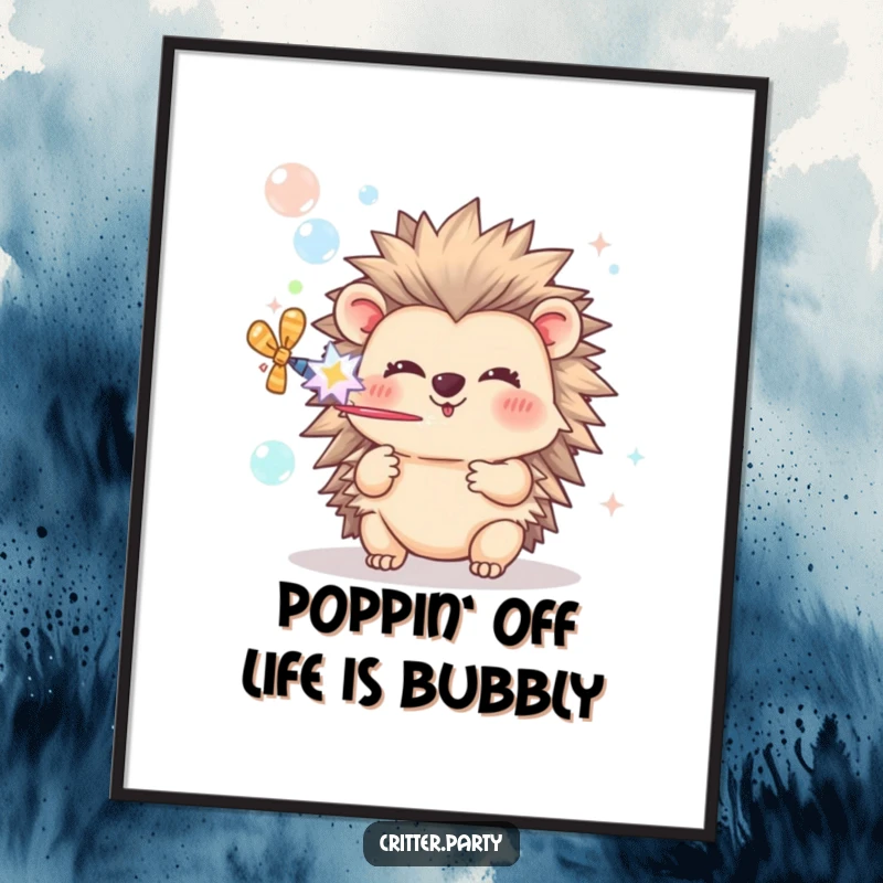 Funny Free Printable Wall Art: Joyful hedgehog blowing bubbles from a party popper, adding a festive touch.