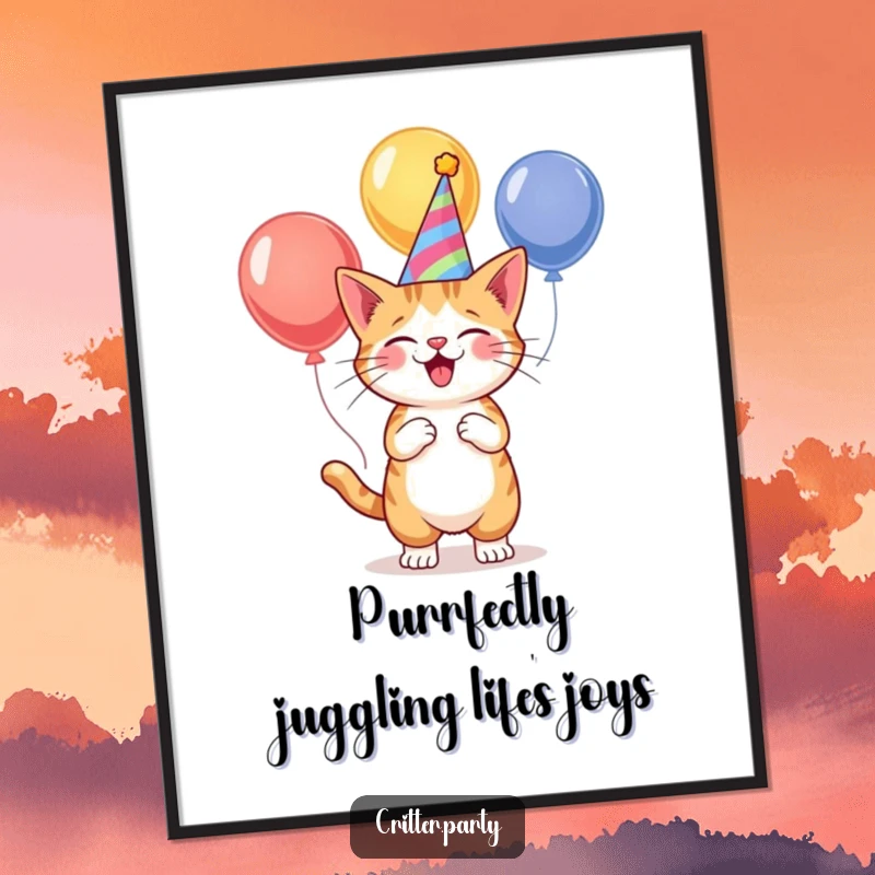 Funny free printable wall art of a cat in a party hat, masterfully juggling balloons, adding quirky charm to any room.