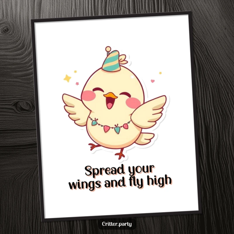 Funny Free Printable Bird Wall Art: Joyful bird character with a huge grin, wearing a tiny party garland, fluttering.