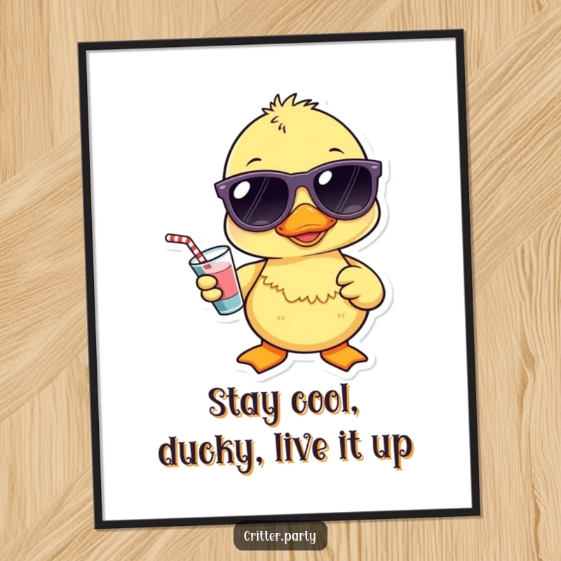 Funny Free Printable Wall Art: A Kawaii duckling wearing sunglasses and holding a tiny drink, cool downloadable art.