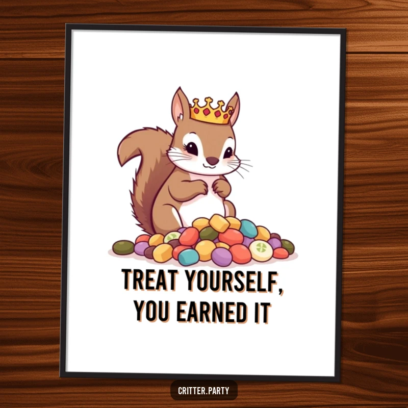 Funny Free Printable Wall Art: A curious squirrel wearing a small crown, presiding over a generous pile of tasty treats.