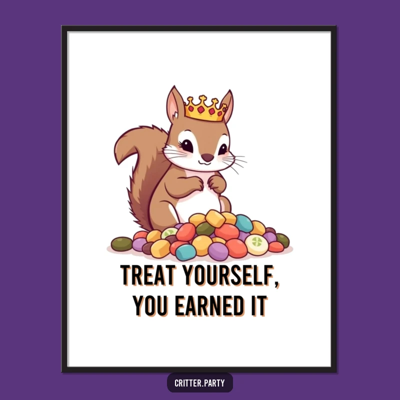 Free Printable Wall Art: Crowned Squirrel with Treats - Funny Downloadable Decor