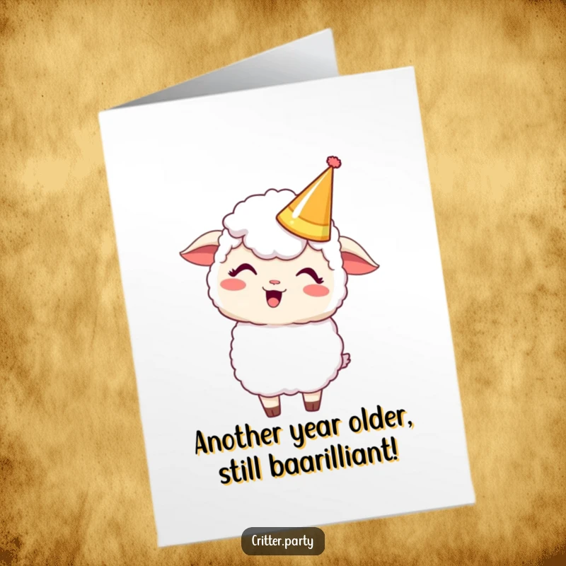 Funny Free Printable Birthday Card: Kawaii sheep wearing a party crown giggling, perfect for a downloadable gift.