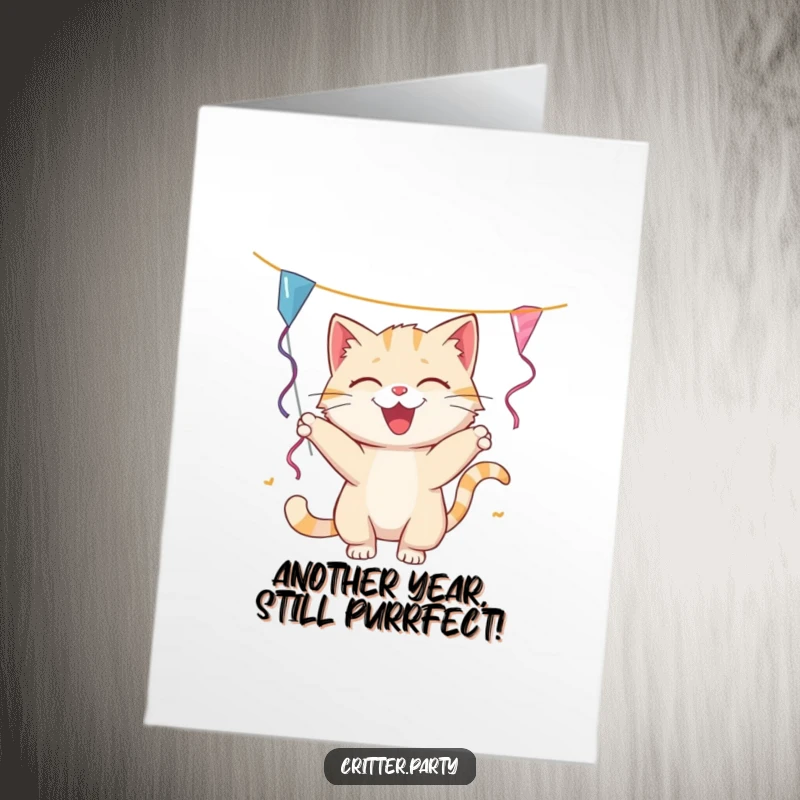 Funny Free Printable Cat Birthday Card: A smiling cat playfully bats at a birthday streamer, ready to party and spread cheer.
