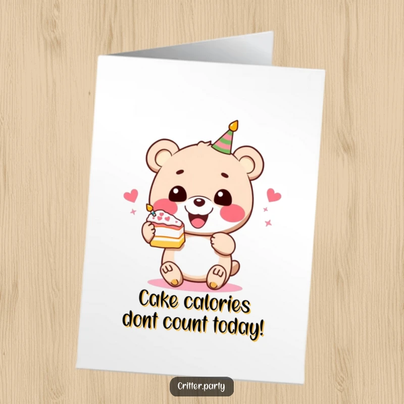 Funny Free Printable Birthday Card: A perky bear joyfully holds a massive slice of cake, ready to celebrate!