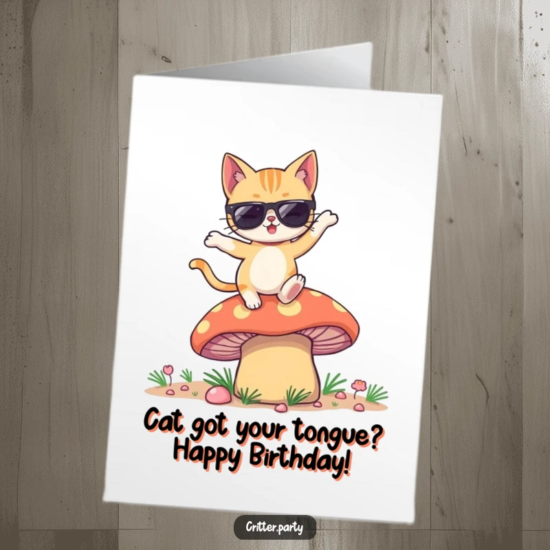 Funny Free Printable Birthday Card: Winking cat in sunglasses dances wildly on a huge, vibrant mushroom.