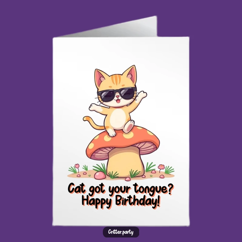 Free Printable Birthday Card: Winking Cat on Mushroom Dancing Funny Downloadable Gift