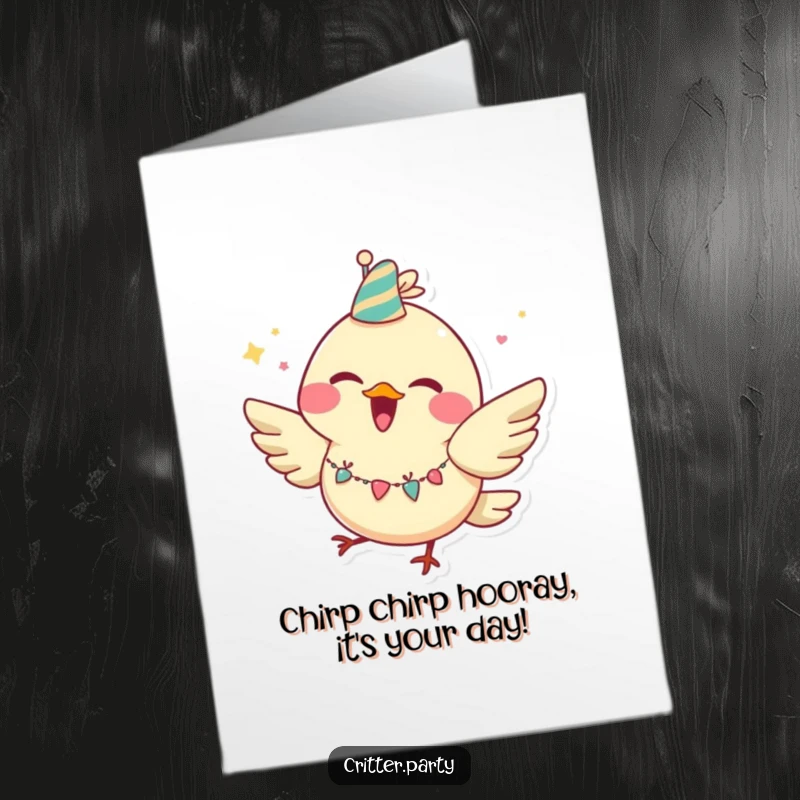 Funny Free Printable Birthday Card: Joyful bird with a huge grin, party garland, fluttering happily.