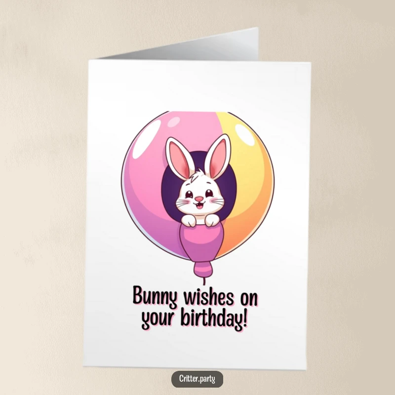 Funny Free Printable Birthday Card: Giggling bunny peeking from a giant, colorful balloon, wishing a happy birthday.