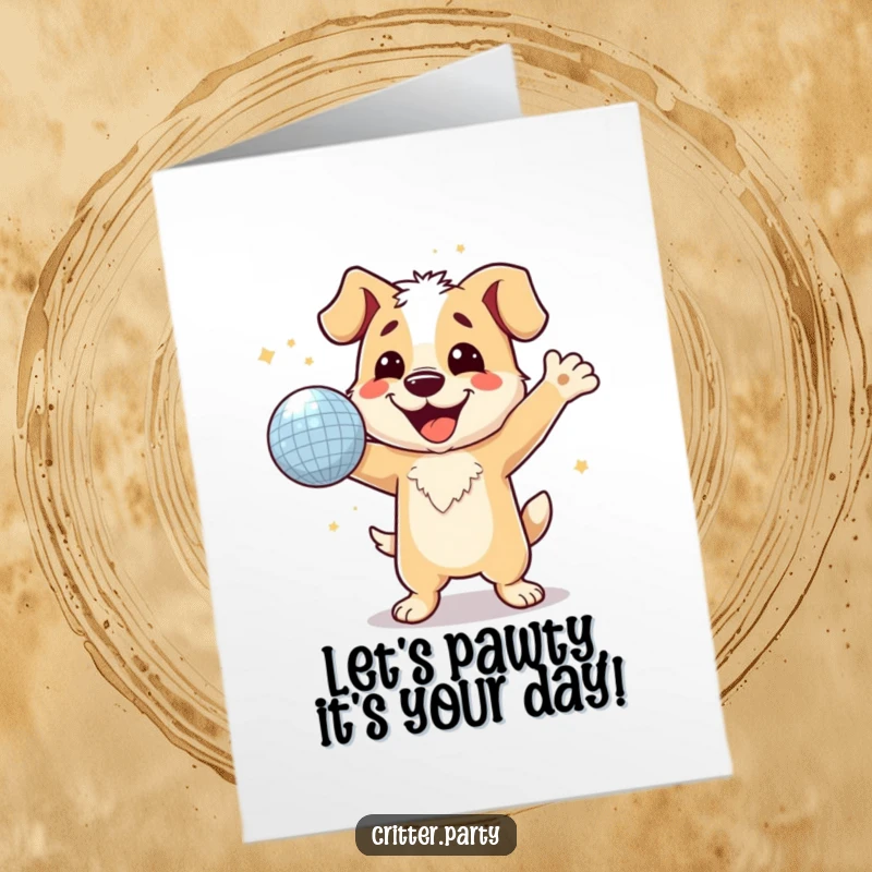 Funny free printable birthday card with a happy dog grinning widely while dancing with a sparkling disco ball, ready to party.