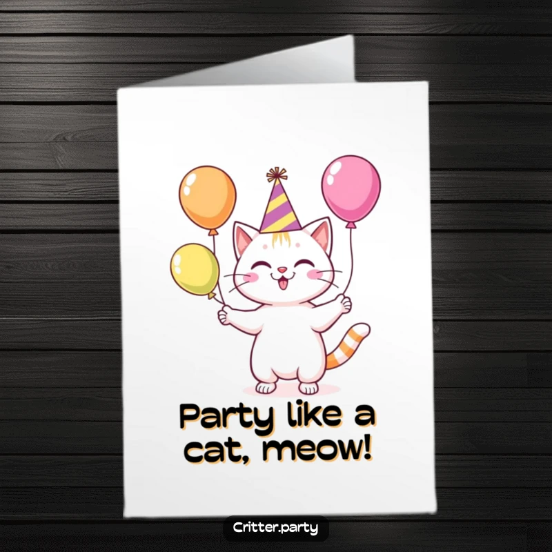 Funny free printable birthday card with a cheerful cat in a party hat juggling colorful balloons with a silly grin.